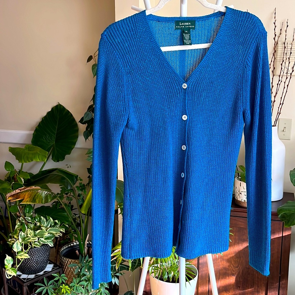 🦚💖Lauren Ralph Lauren Dazzling Peacock Blue Button Down Long Cardigan-M-NWOT